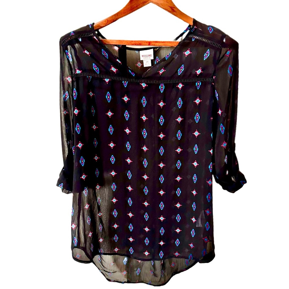 Mossimo sheer tunic, women’s L‎ black geometric southwestern tribal boho print